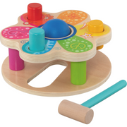 Colorful wooden hammer bench toy with pegs and mallet on white background
