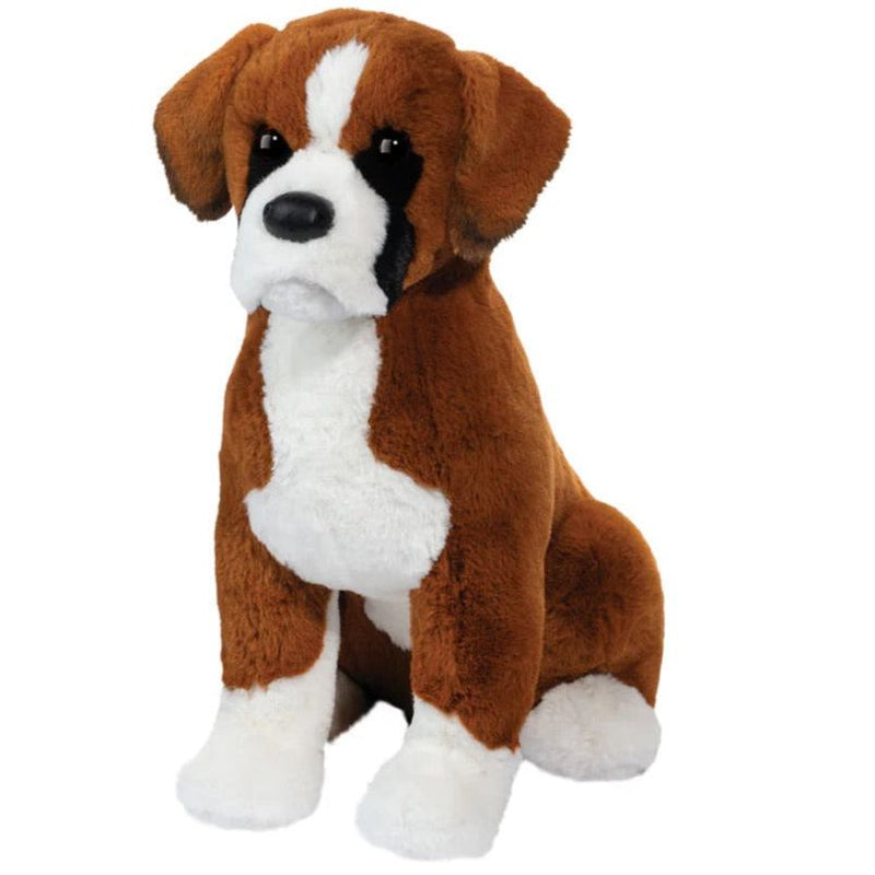 Brown and white plush Boxer dog stuffed animal in sitting position