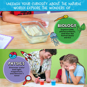 Children conducting science experiments with biology and physics activities from experiment kit