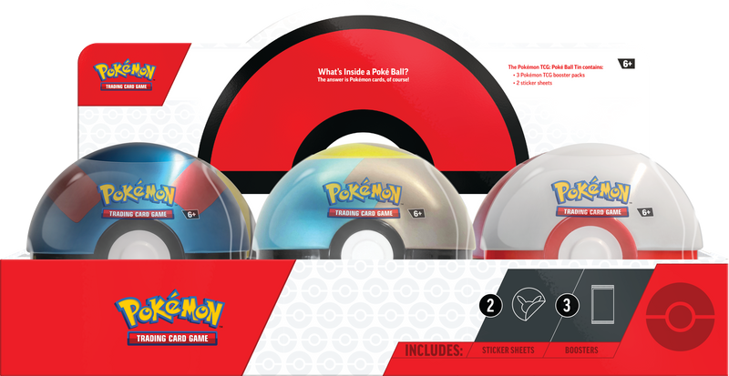 Pokemon TCG Poke Ball Tin collection showing three different colored tins with packaging