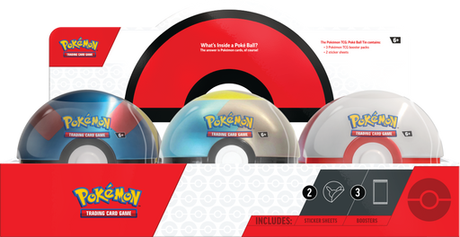 Pokemon TCG Poke Ball Tin collection showing three different colored tins with packaging