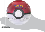 Pokemon Trading Card Game red and white Poke Ball tin with size measurements