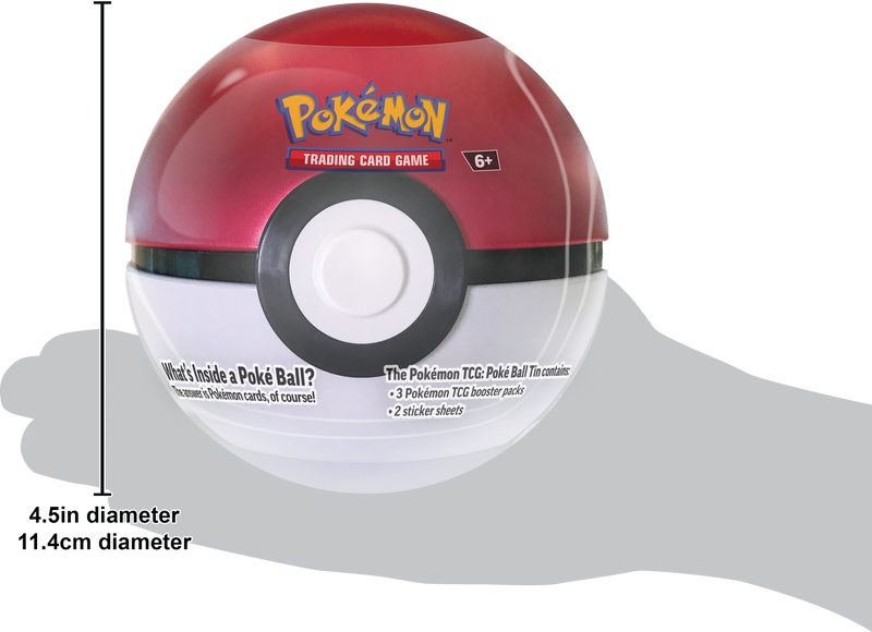 Pokemon Trading Card Game red and white Poke Ball tin with size measurements