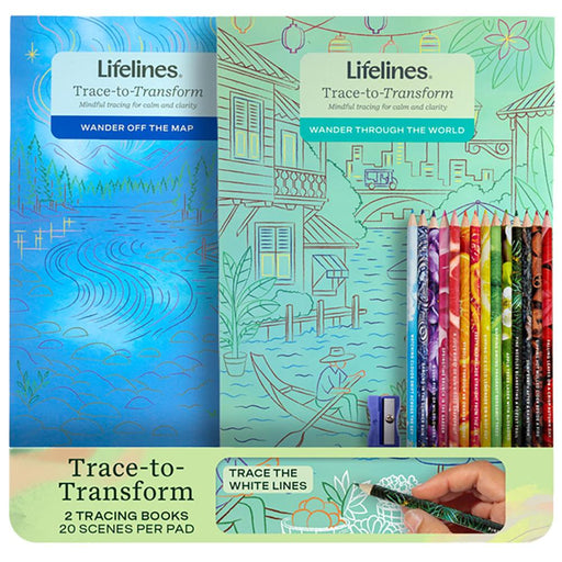 Lifelines Trace-to-Transform tracing books with colored pencils showing mindful art activity set