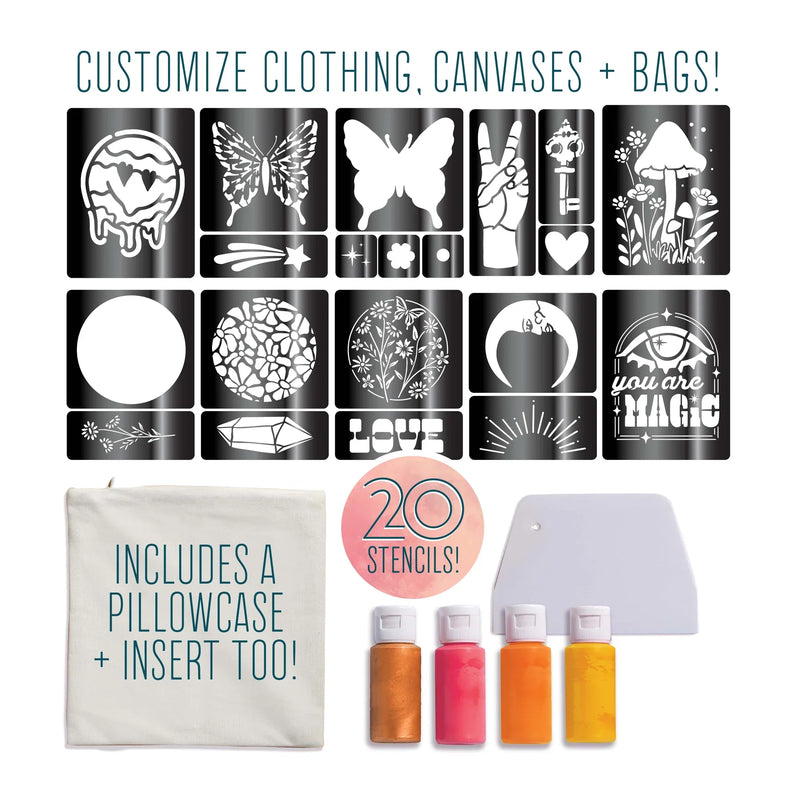 Silk screen studio kit with 20 stencils, pillowcase, insert and fabric paints