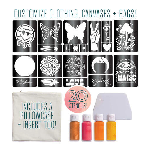 Silk screen studio kit with 20 stencils, pillowcase, insert and fabric paints