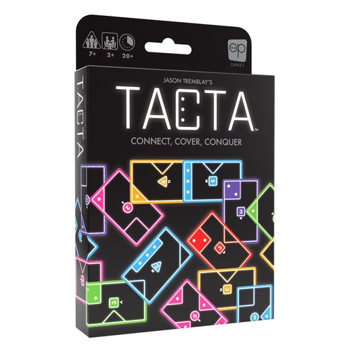 TACTA board game box by Jason Tremblay showing colorful geometric puzzle pieces.