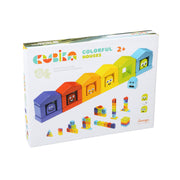 Cubika Colorful Houses wooden construction set package showing rainbow colored building blocks with cute faces