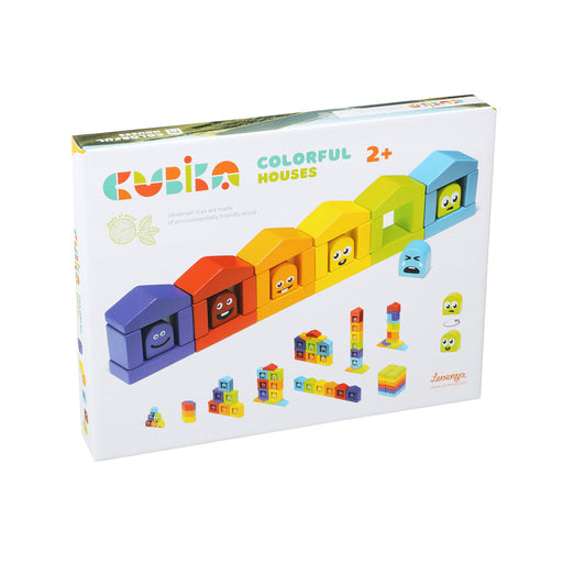 Cubika Colorful Houses wooden construction set package showing rainbow colored building blocks with cute faces
