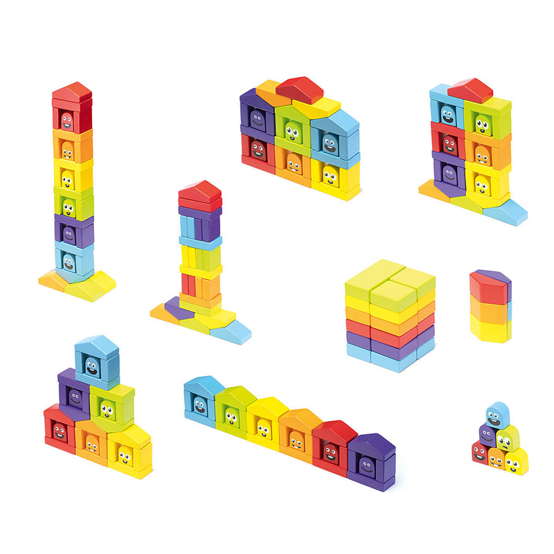 Colorful wooden building blocks arranged in various tower and house configurations with cute faces