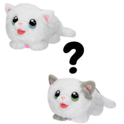 Two white fluffy cat plush toys with large eyes and pink accents on plain background