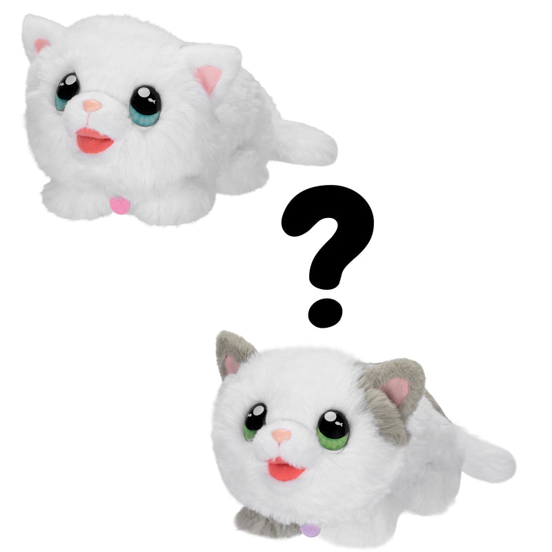 Two white fluffy cat plush toys with large eyes and pink accents on plain background