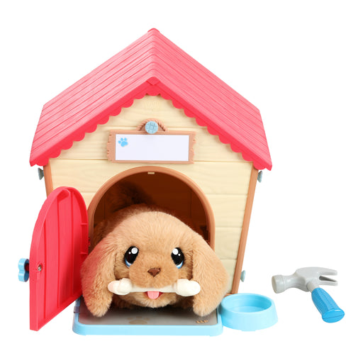 Little Live Pets interactive plush puppy toy in pink doghouse with accessories