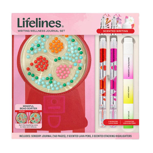 Lifelines Writing Wellness Journal Set with bead sorter and scented pens on pink background