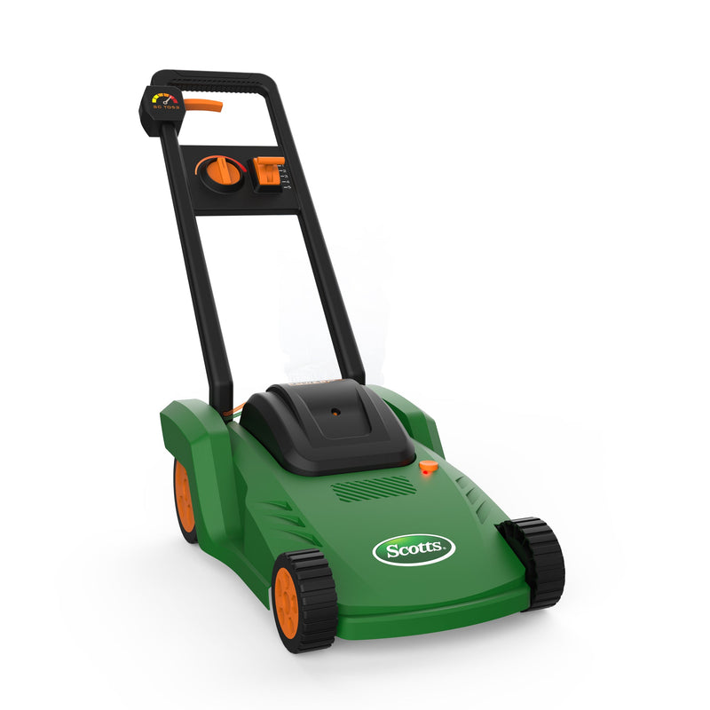 Green Scotts toy lawnmower with black handle and orange accents on white background