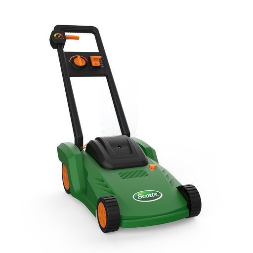 Green Scotts toy lawnmower with black handle and orange accents on white background
