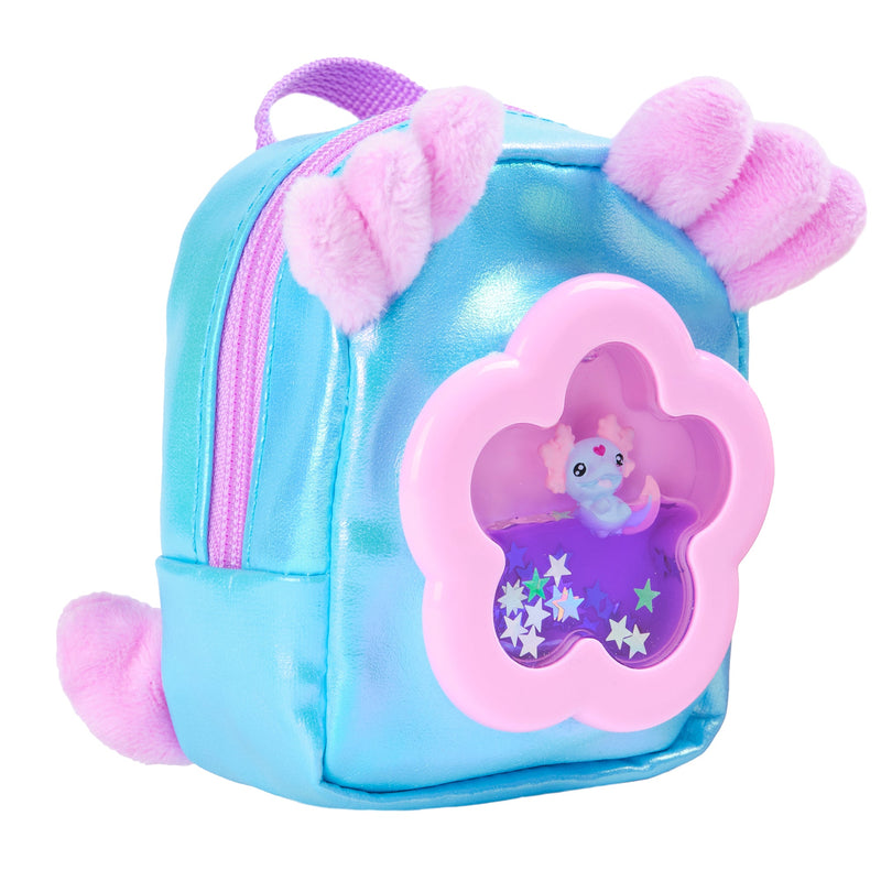 Blue metallic backpack with pink fuzzy details and clear window showing miniature character inside