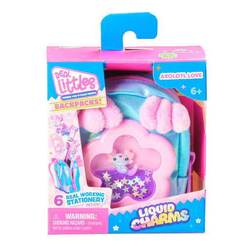 Real Littles miniature backpack toy with axolotl theme and working stationery accessories in packaging