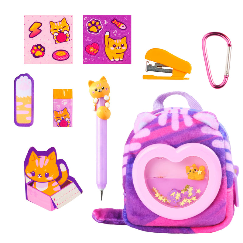 Real Littles Charms Backpack set with miniature school supplies and cute cat-themed accessories