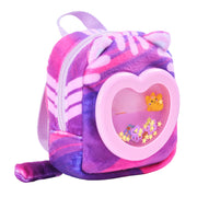Purple tie-dye plush backpack with circular window showing small toy and stars inside