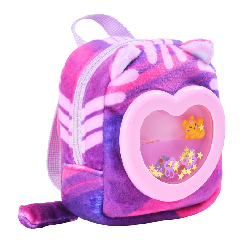 Purple tie-dye plush backpack with circular window showing small toy and stars inside