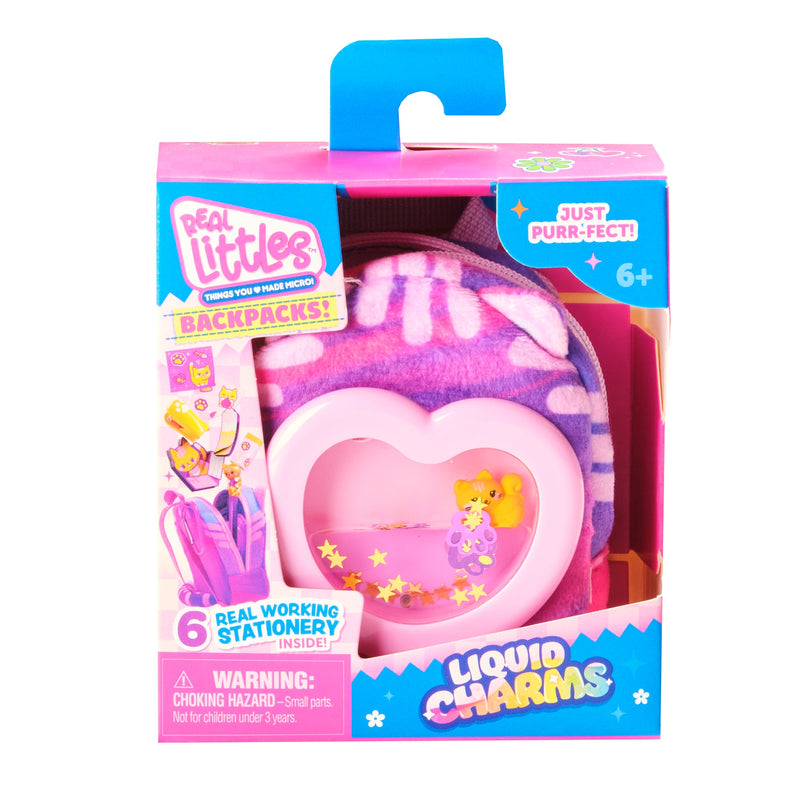 Real Littles Charms purple backpack toy with heart window showing miniature stationery items inside