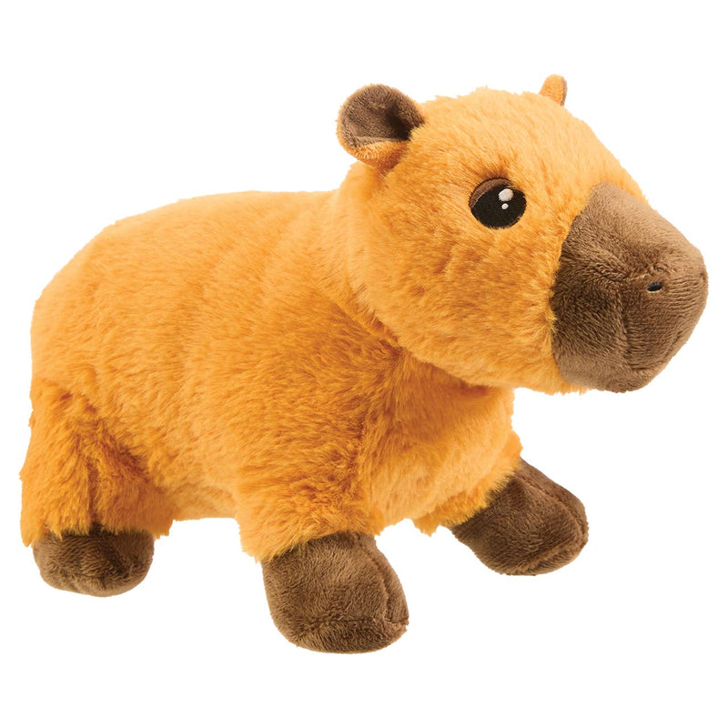 Orange capybara plush toy with brown snout and feet on white background