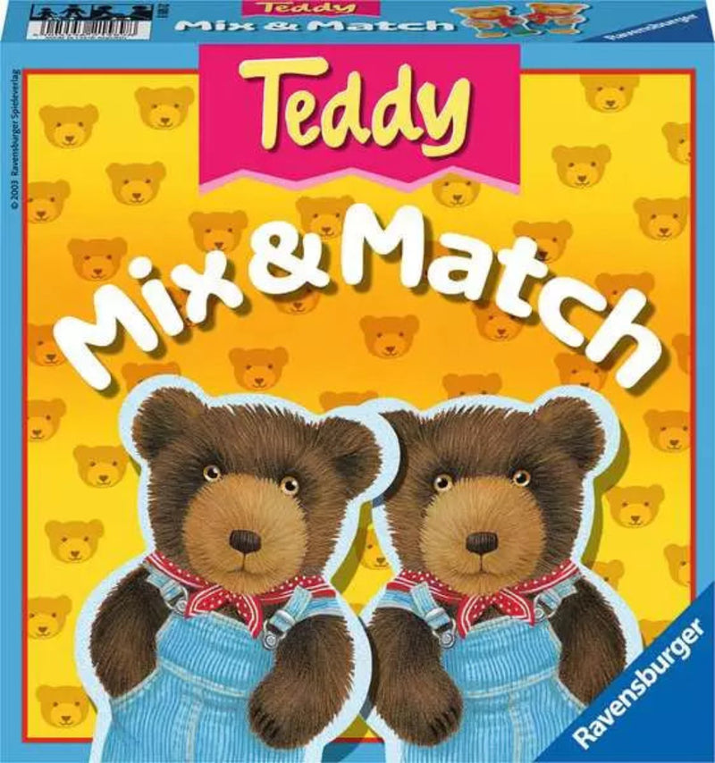 Ravensburger Teddy Mix & Match game box featuring two brown teddy bears in overalls