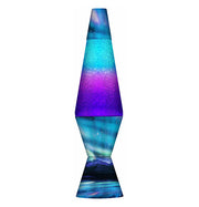 Blue and purple lava lamp with galaxy-themed design on white background