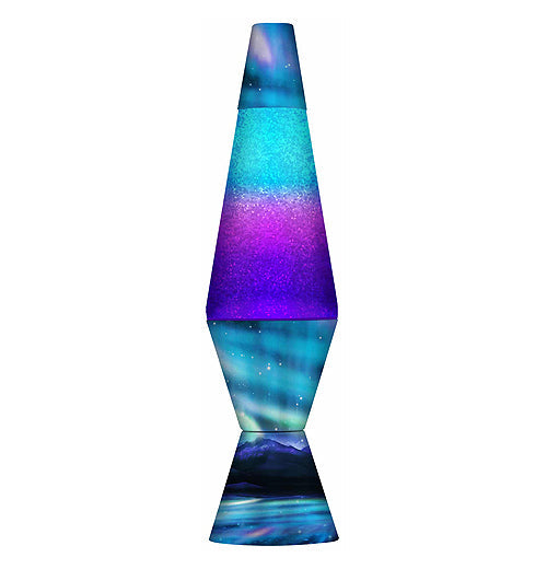 Blue and purple lava lamp with galaxy-themed design on white background