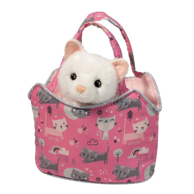 Pink cat-themed purse with white plush kitten inside on white background