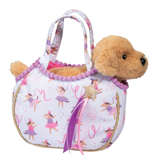 Sassy Sak purse with ballet dancer pattern featuring plush golden retriever