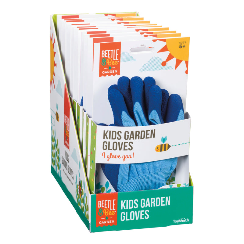 Beetle & Bee Kids Garden Gloves in blue displayed in retail packaging