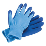 Pair of blue rubber-coated work gloves with textured grip palms