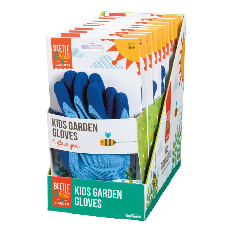 Beetle & Bee Kids Garden Gloves display box showing blue children's gardening gloves