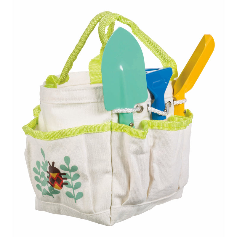 White canvas garden tote bag with green trim containing colorful gardening tools