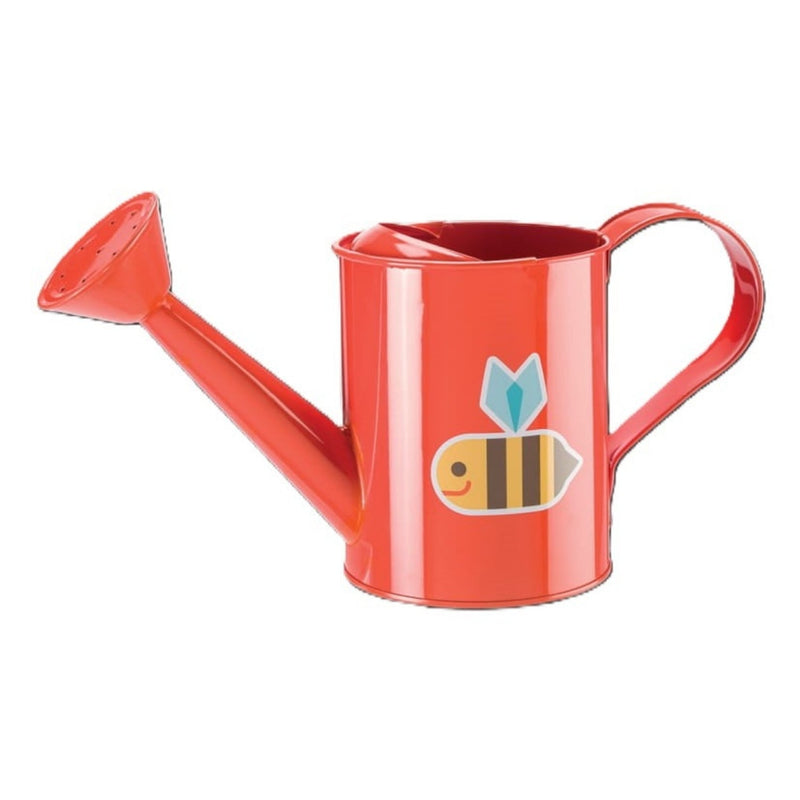 Red metal watering can with bee design decoration on clean white background