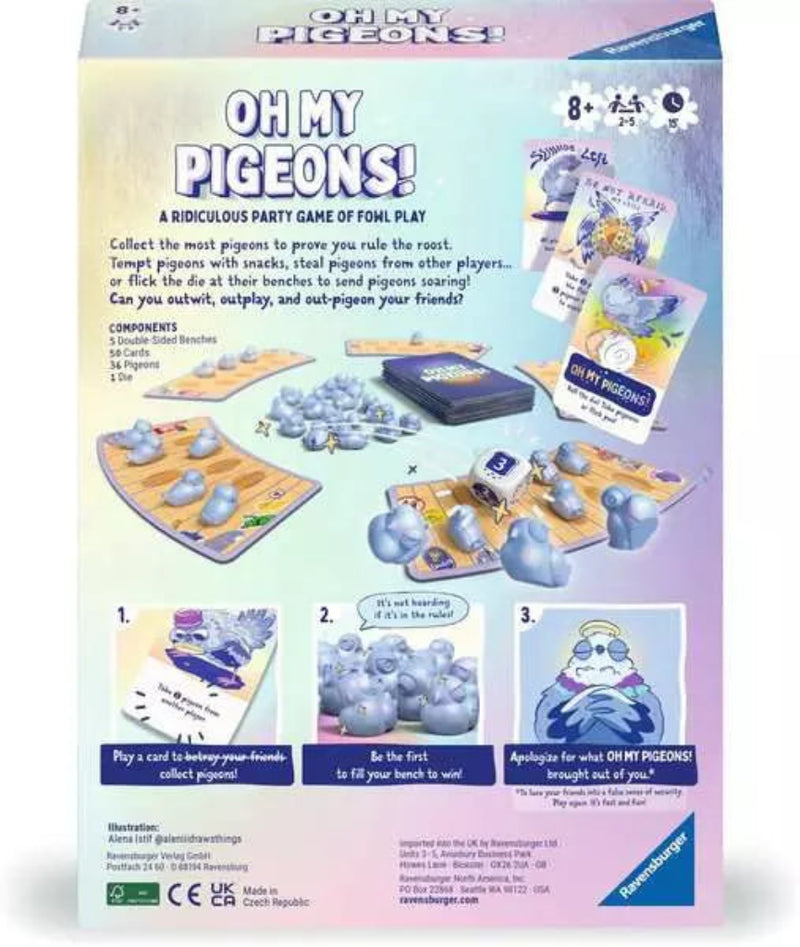 Oh My Pigeons board game package showing game components and instructions