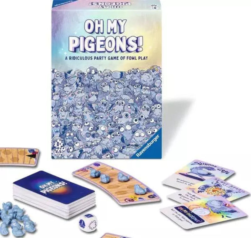 Oh My Pigeons board game box and components displayed on white background