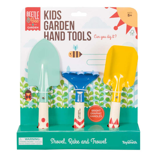 Beetle & Bee Kids Garden Hand Tools set with colorful shovel, rake and trowel
