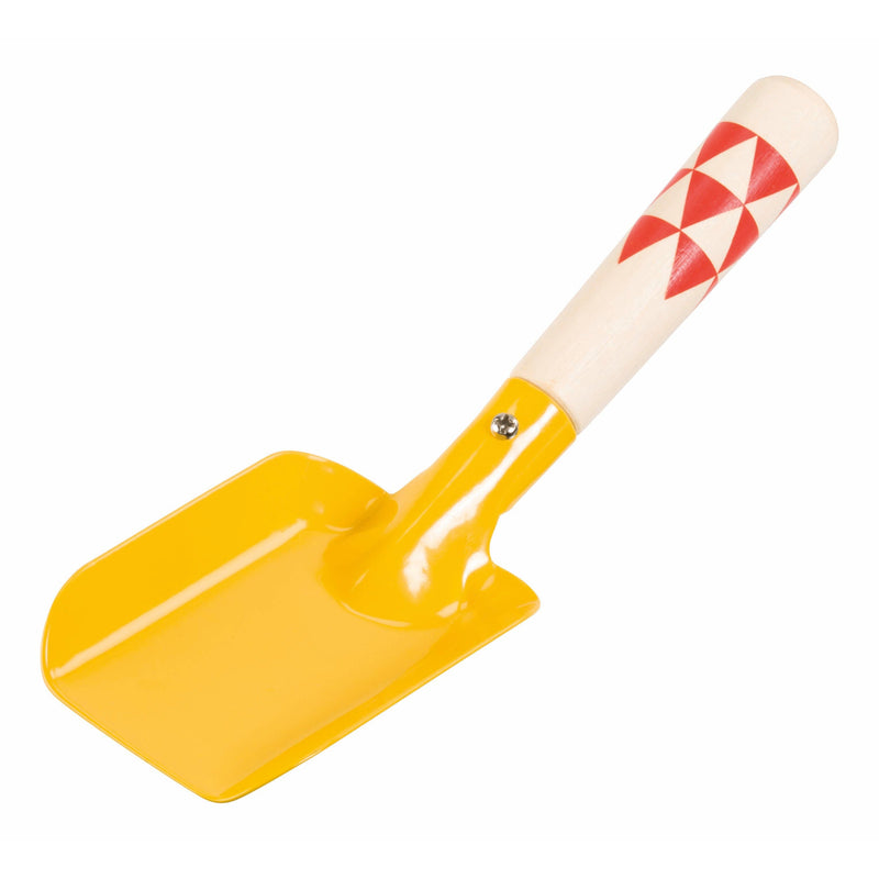 Yellow children's garden hand shovel with wooden handle and red geometric pattern