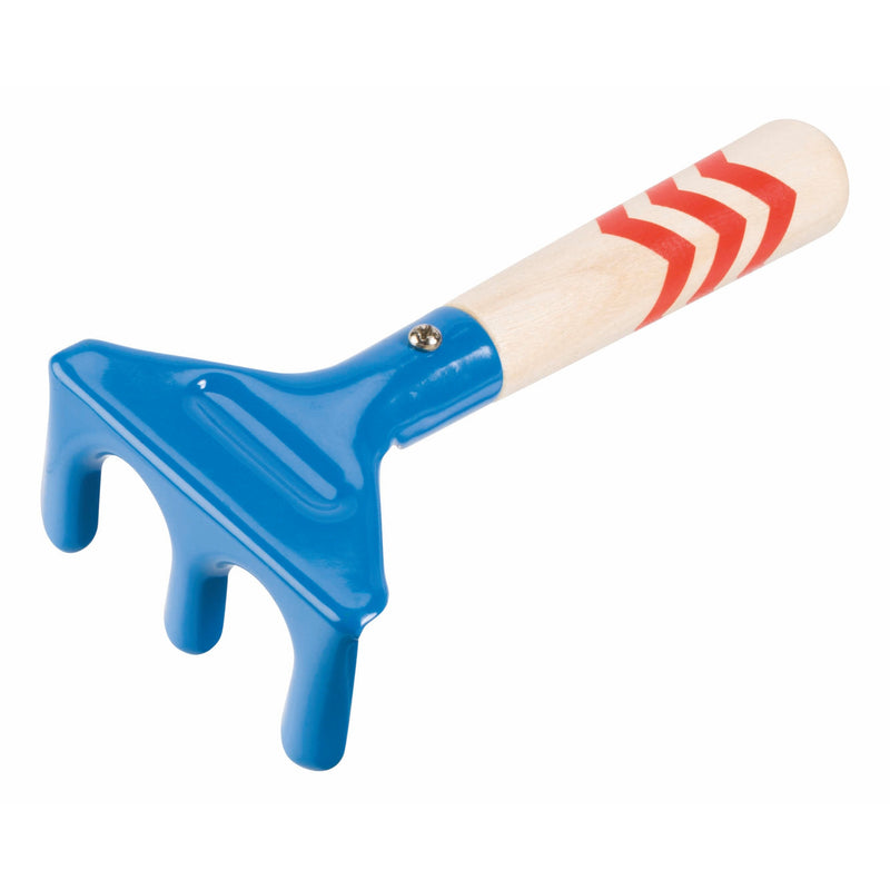 Blue plastic garden hand rake with white wooden handle and red stripes