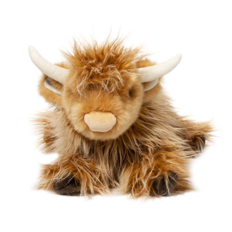 Brown shaggy Highland cow plush toy with white horns on white background
