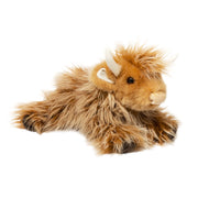 Brown Highland cow plush toy with fluffy fur and white horns