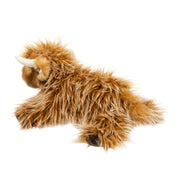 Brown Highland cow plush toy with long shaggy fur and white horns