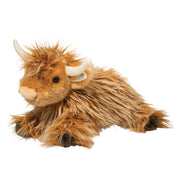 Brown Highland cow plush toy with long fluffy fur and white horns