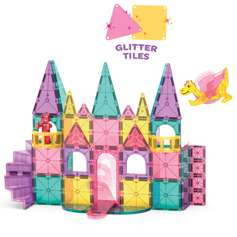 Magna-Tiles Castle DLX 48-piece magnetic tile set with glitter tiles, pegasus, and figure