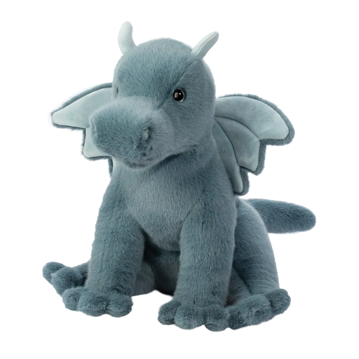 Gray plush dragon stuffed animal with wings sitting upright on white background
