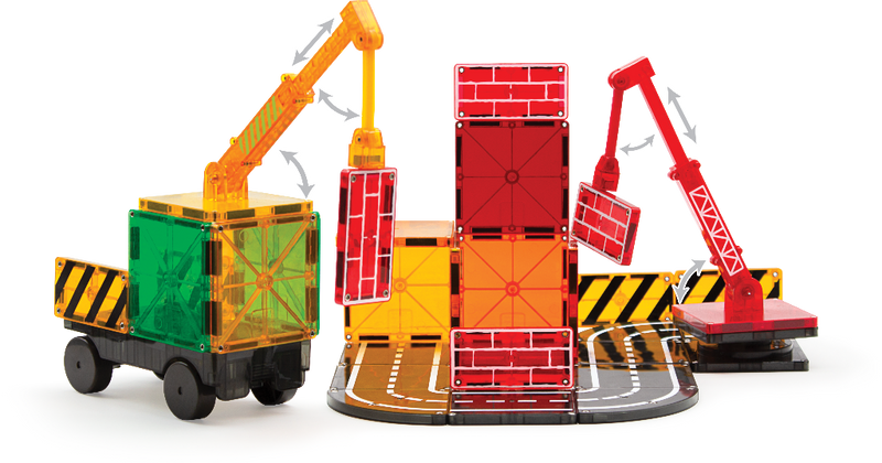 Magna-Tiles Builder 32pc set with cranes, construction vehicles, and colorful magnetic tiles