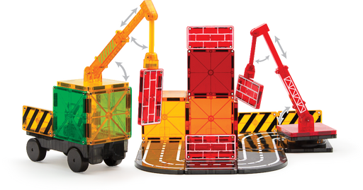 Magna-Tiles Builder 32pc set with cranes, construction vehicles, and colorful magnetic tiles